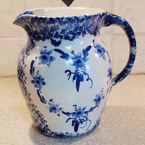 P. R. Storie Pottery Co, Marshall TX Vintage Large Blue Spongeware Pitcher